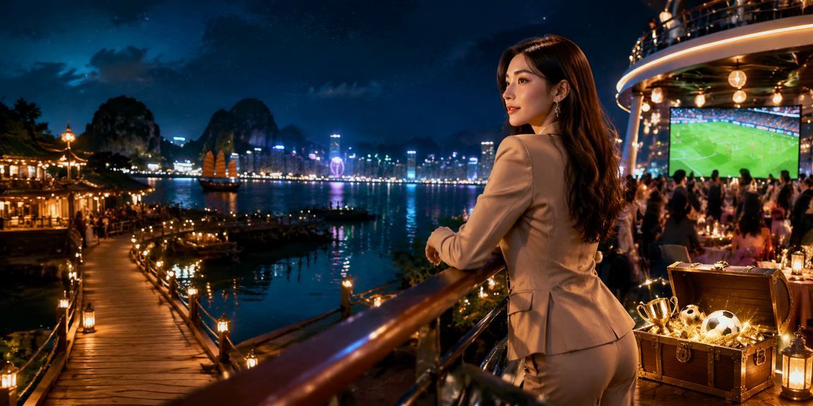 Người dùng tại vịnh Hạ Long theo dõi kèo bóng đá trực tuyến với phong cảnh biển phía sau